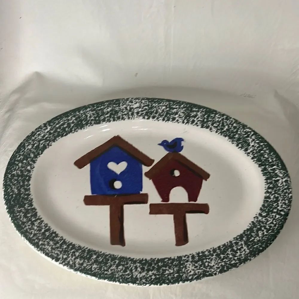 Gibson Housewares Blue Bird Birdhouse Serving Platter Blue Red Green White Brown